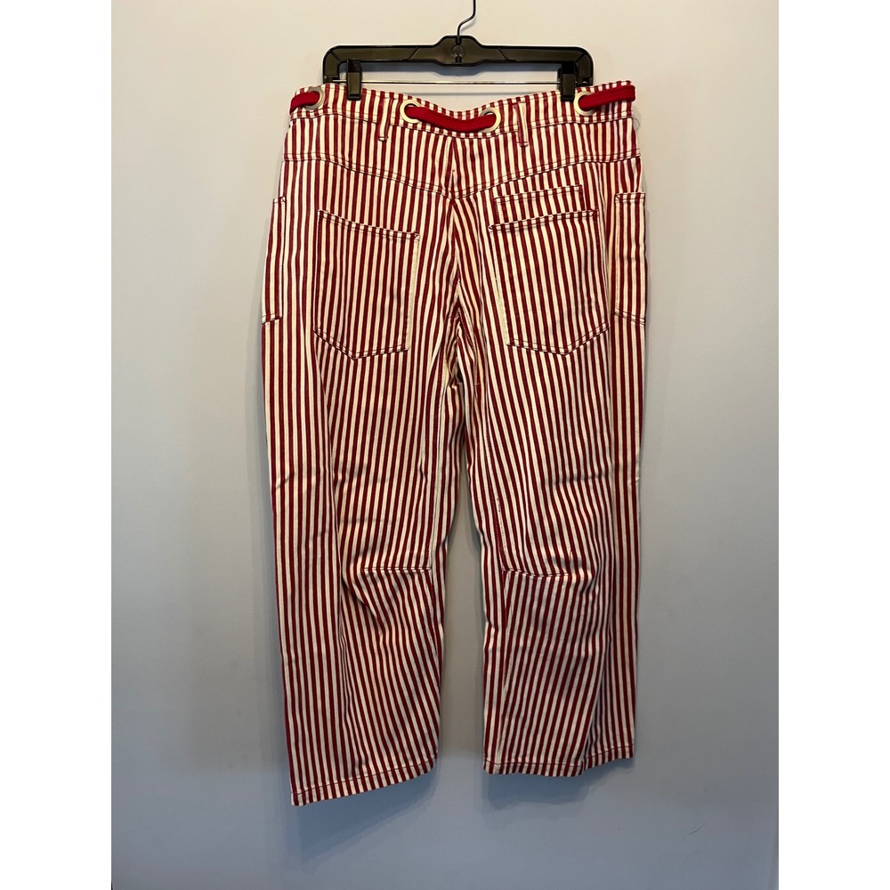 BIBI Red White Striped Denim Patchwork Pants XL Drawstring Grommet Utility Jeans - Picture 2 of 6